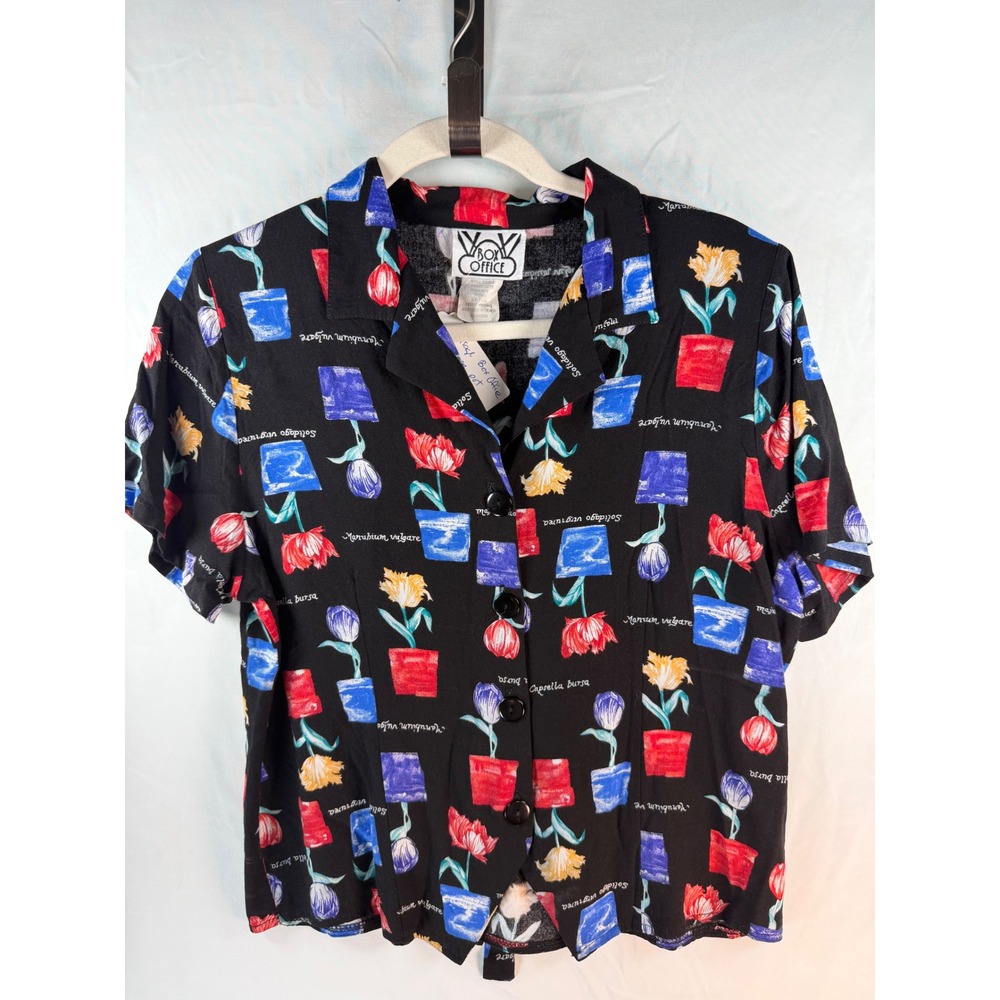Vintage Box Office Floral Potted Plant Print Button Up Top Black Medium Tie Back
